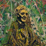 A painting of a man (Ralph Waldo Emerson) amid lush, colorful vegetation.