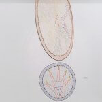 A hanging sculpture made of two fishing nets stretched around two metal rings with colorful, embroidered illustrations