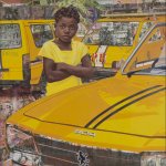 A painting of a child dressed in yellow surrounded by three yellow cars