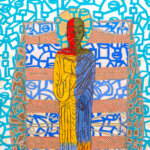 Painting of a multi-colored boy depicted stiffly as a saint, set against a mostly teal and white geometric pattern.